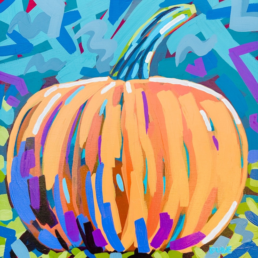 Colorful Pumpkin Painting: Modern Impressionism, Hand-Painted Wood Panel 12 x12"